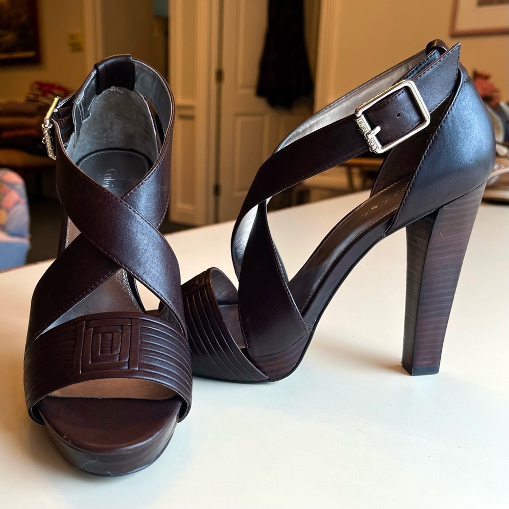 Calvin Klein Brown Leather Heels with Ankle Straps